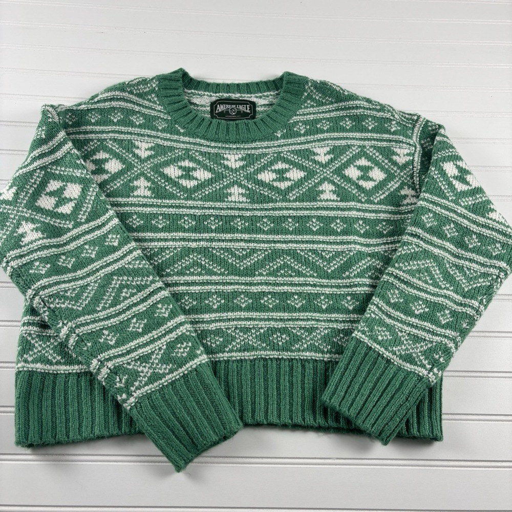 American Eagle Women XS Green Oversized Fair Isle Sweater Crew Neck Holiday NWOT